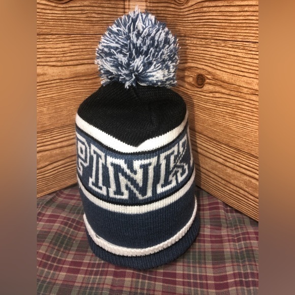 PINK Victoria's Secret Accessories - 🚦PINK Blue & White Chunky Pom Pom hat